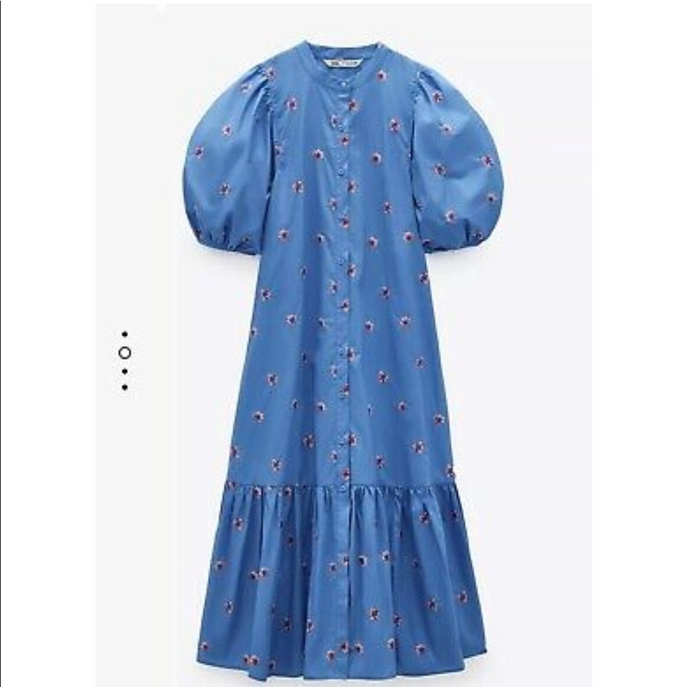 Zara Blue Midi Puff Sleeve Button Down Dress Pink Flowers XS